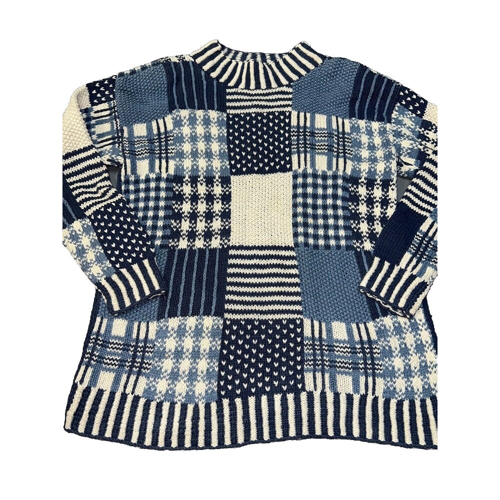 Blue Patchwork Crewneck Sweater - Women's Knit Pullover